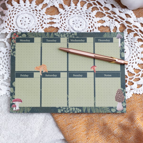 Weekly Planner Pad With Mushroom & Fern Design