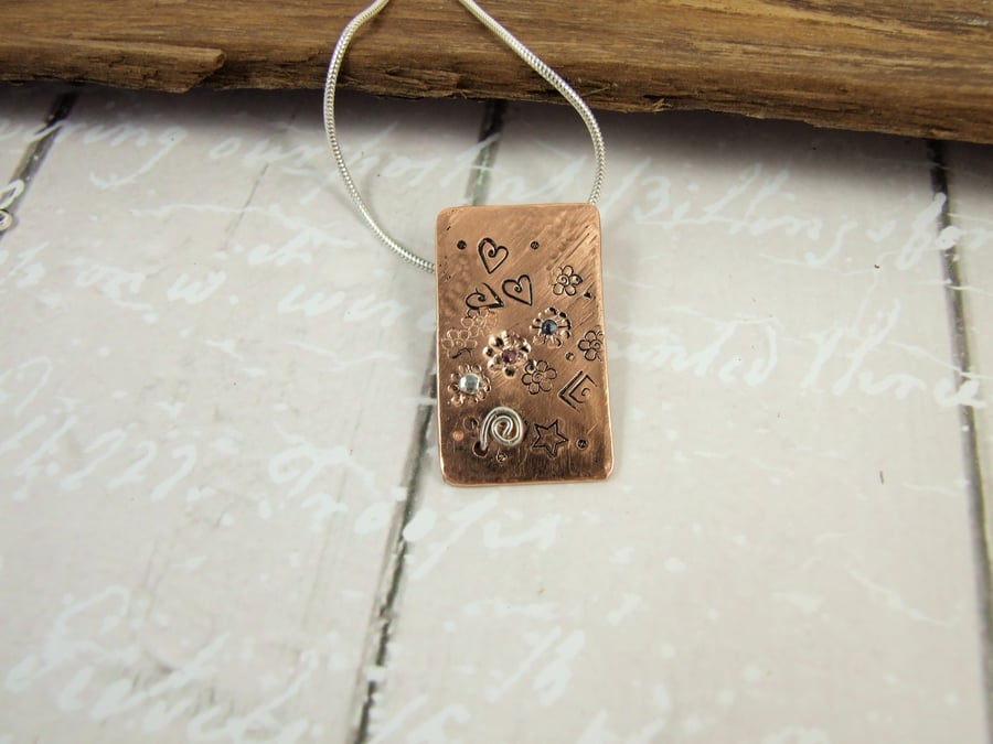 Art Necklace, Rectangle Copper Pendant Hand Stamped and Set with Ruby & Sapphire