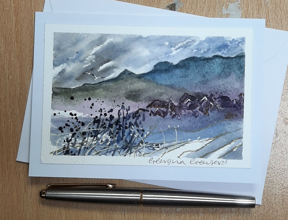 Misty Mountains. Blank Card. Original Painting. Paper Art. Countryside Rain.