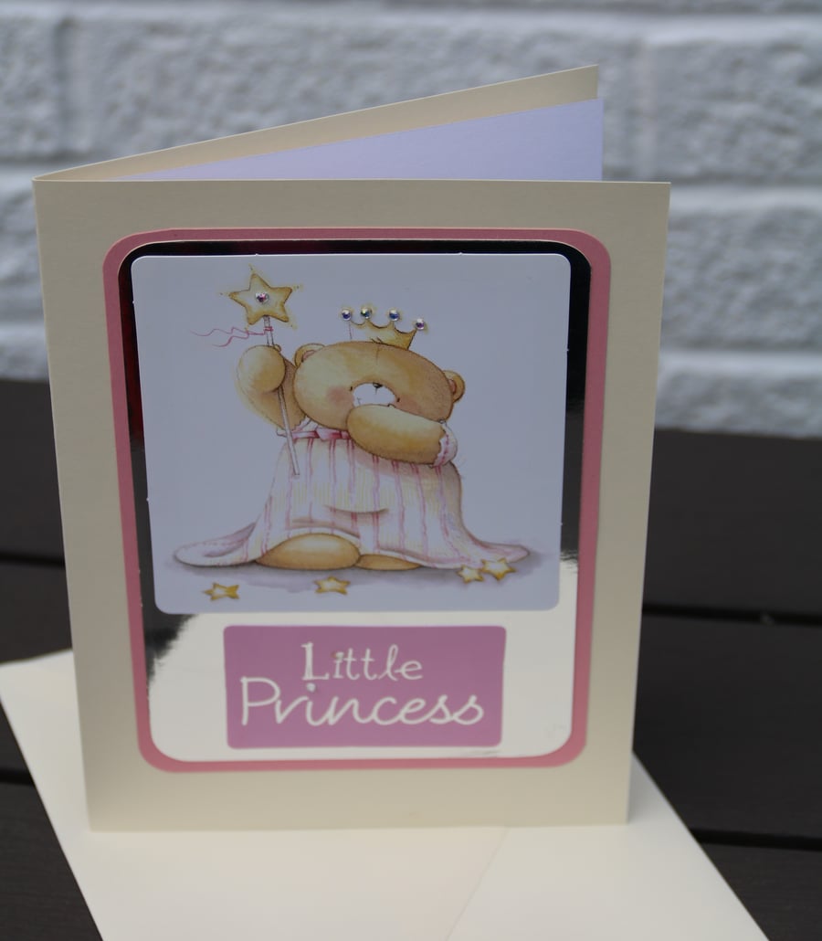 Girl's birthday card ''Little Princess', cute teddy bear , 8x6" card & envelope