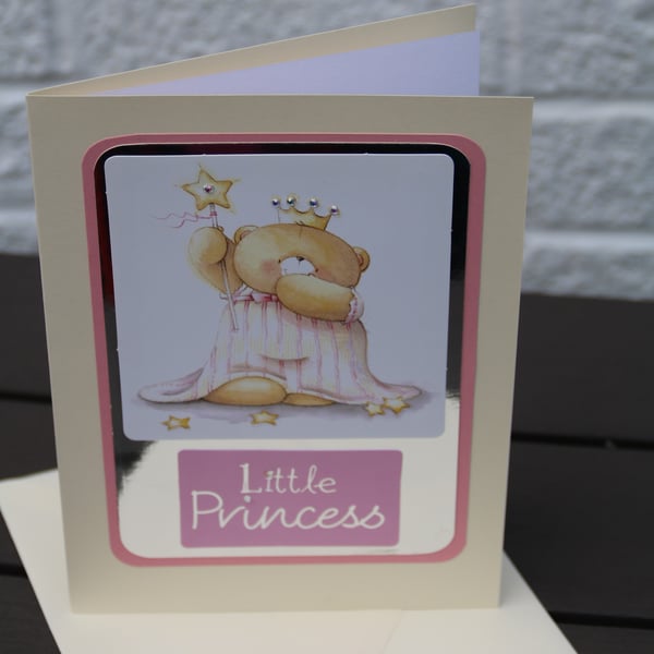 Girl's birthday card ''Little Princess', cute teddy bear , 8x6" card & envelope