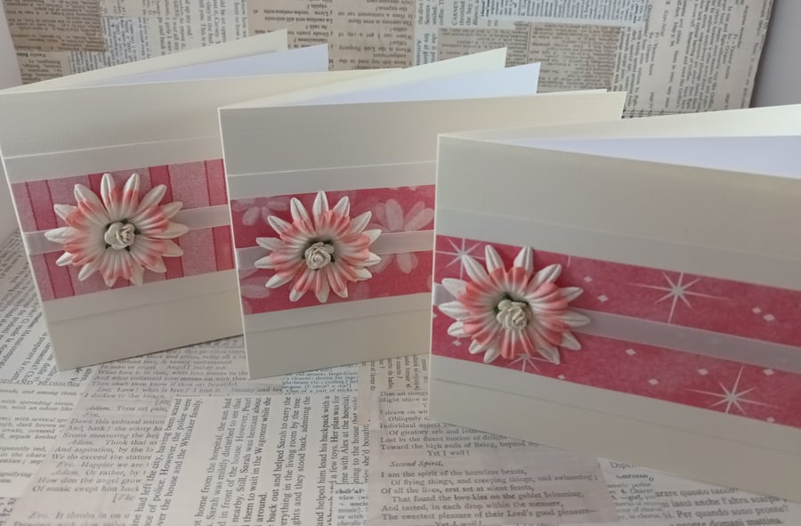 Pack of 3 handmade blank greetings cards or notecards and envelopes