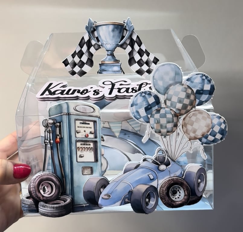 6 Personalised Vintage Blue Racing Car party boxes, party bags