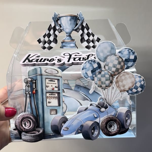 6 Personalised Vintage Blue Racing Car party boxes, party bags