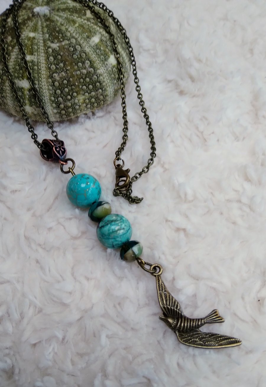 Turquoise gemstone and Czech coated glass beads bronze SWIFT charm NECKLACE