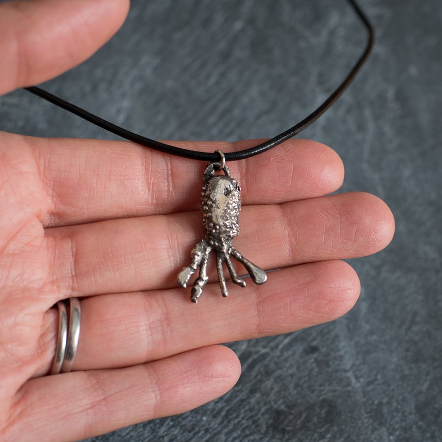 Abstract Silver Octopus on Leather Cord Necklace