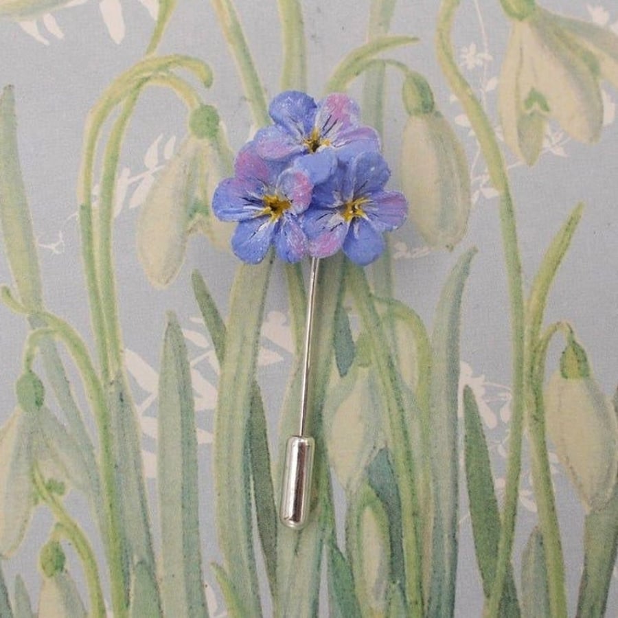 Blue FORGET-ME-NOT PIN : Hand Painted Forget-Me-Not Blue Floral Lapel Brooch