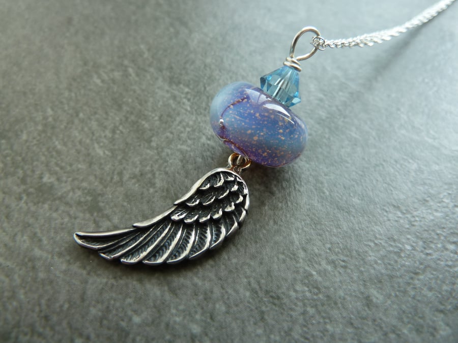 sterling silver chain, lampwork glass pendant, angel wing