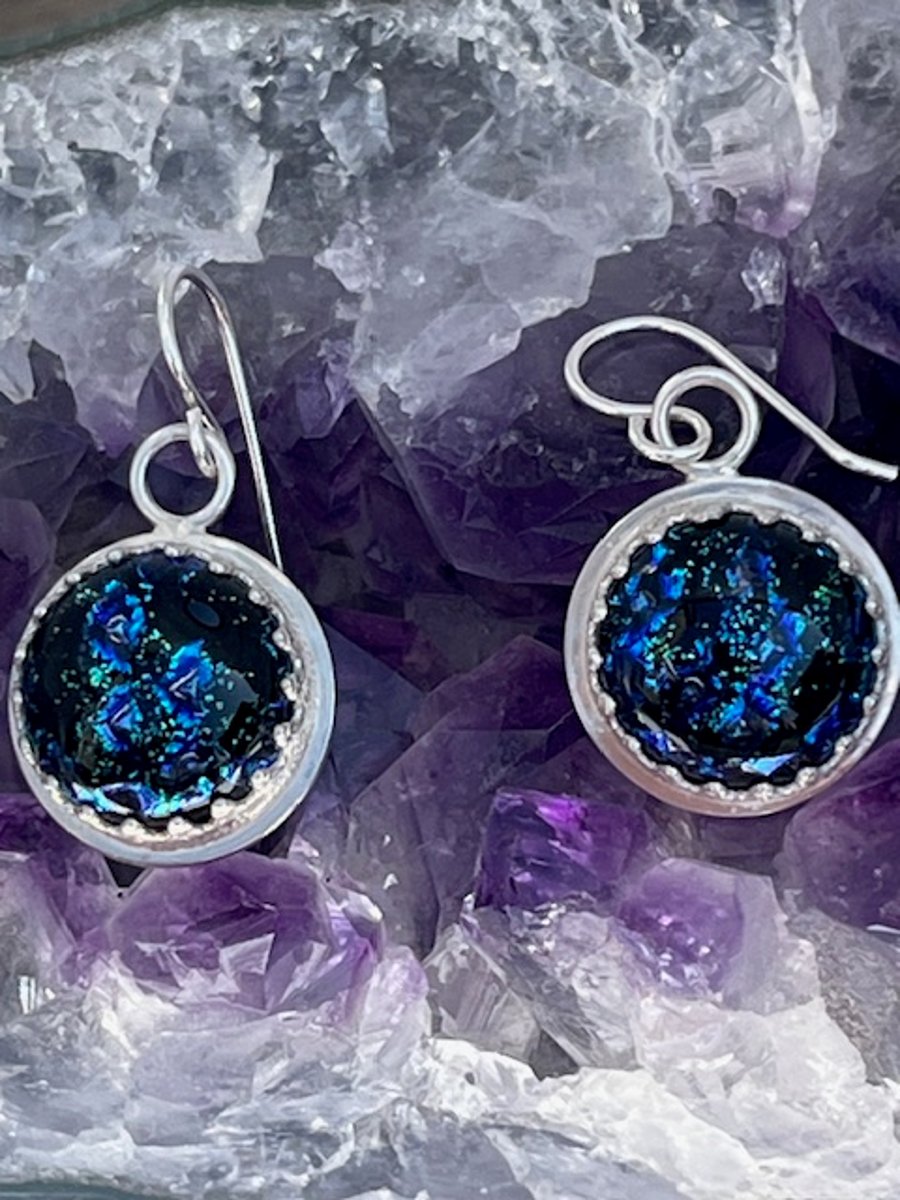 Silver earrings with sparkly multi coloured fused glass