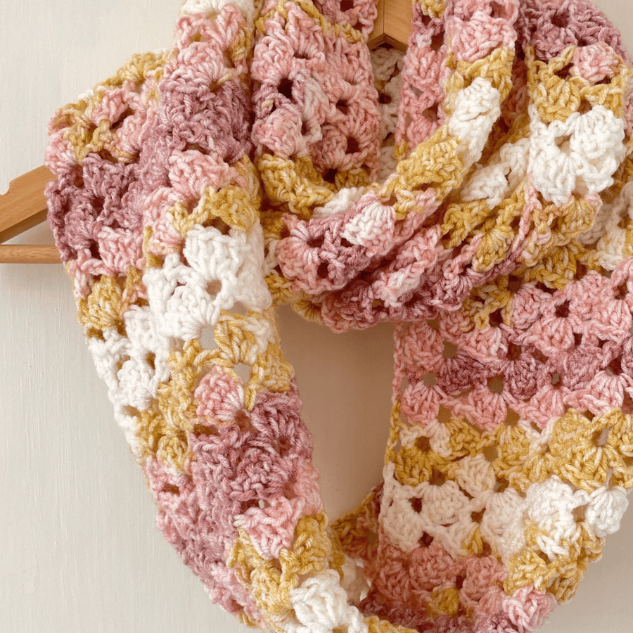 Handmade Pink and Mustard Infinity Scarf - Crochet - Gifts for Her