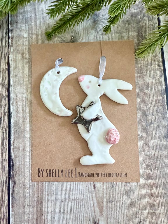 Handmade porcelain bunny and moon hanging decoration, moon gazing hare 