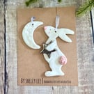 Handmade porcelain bunny and moon hanging decoration, moon gazing hare 