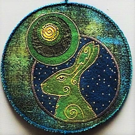 HJP116  - Moon Gazer Hare Mandala -  Wall Hanging  - Green-Blue-Gold - 15cm (6")
