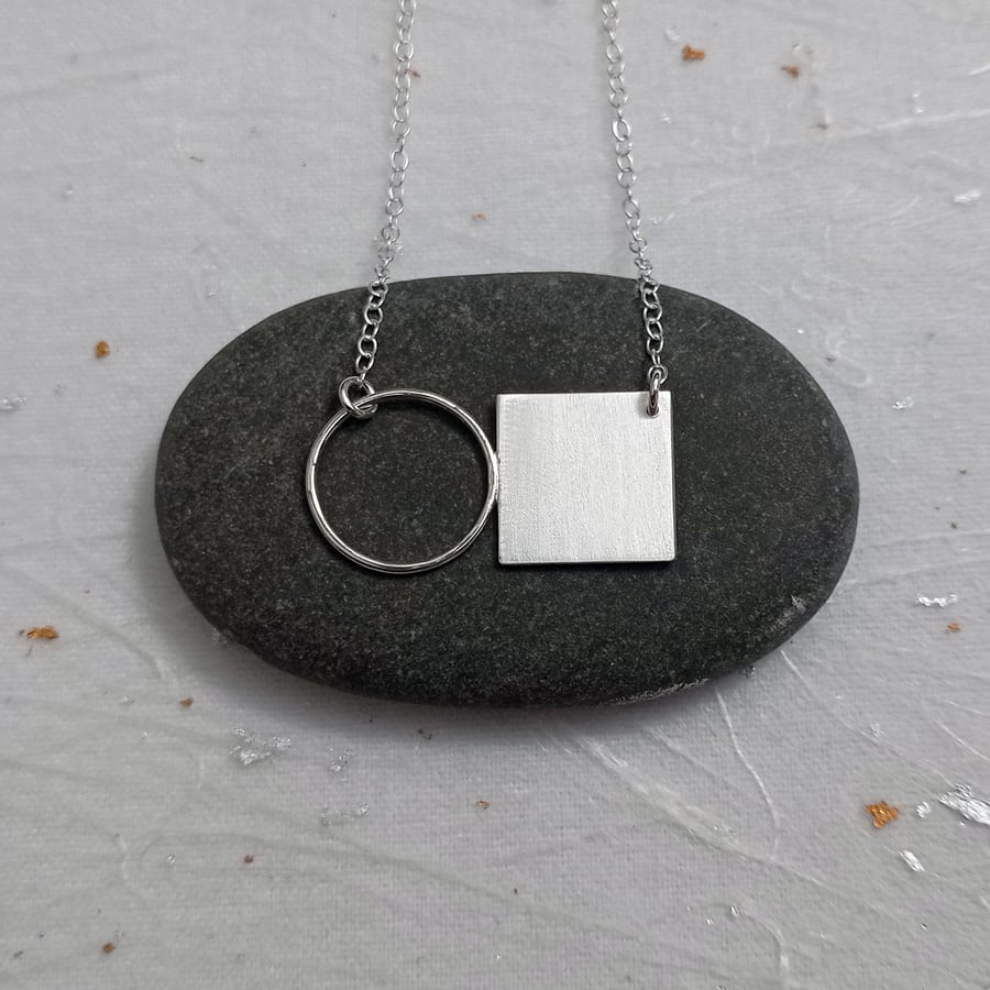 Recycled sterling silver wire circle & square necklace - geometric jewellery 