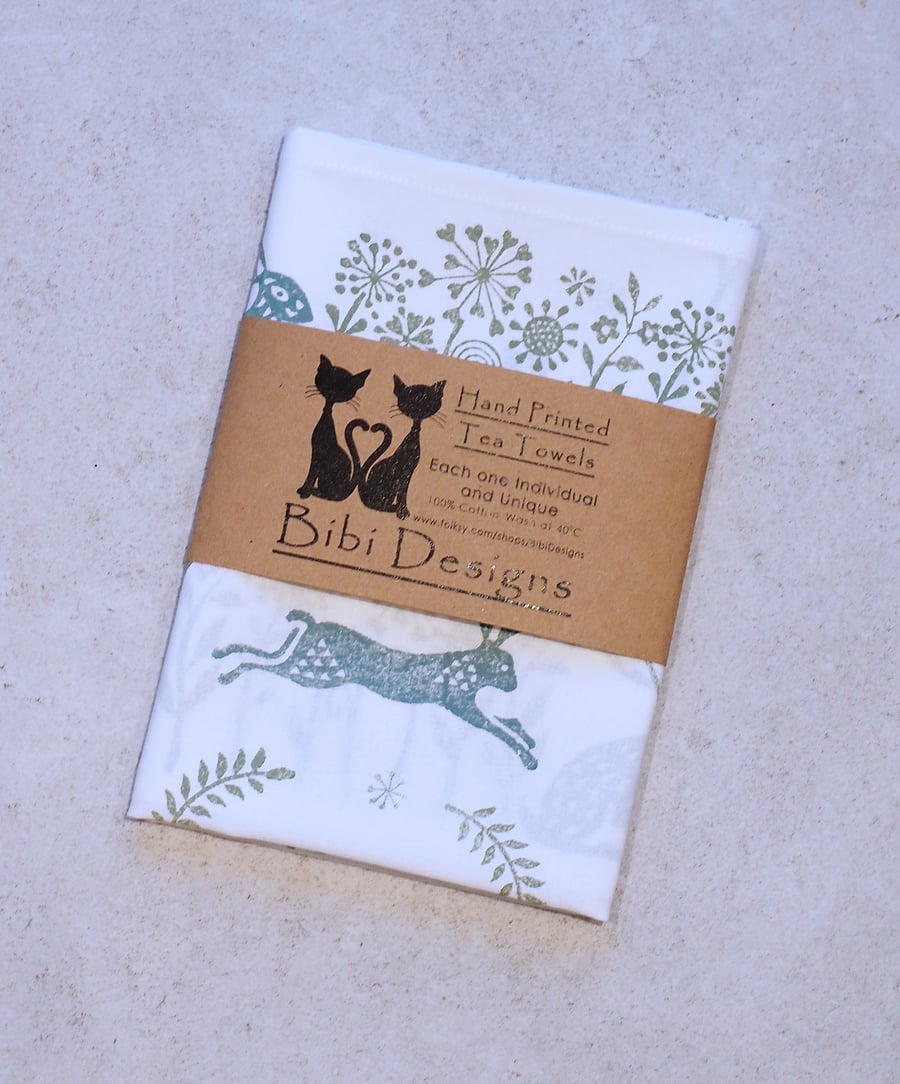Hand printed leaping hares tea towel wedding, housewarming, nature lover gifts  