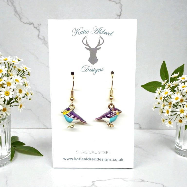 Charm Earrings - 3D Bird - Purple and Blue