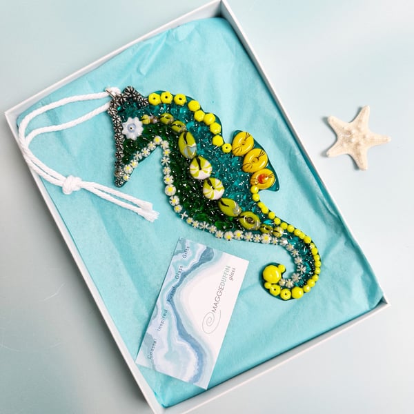 Textured Fused Glass Hanging Seahorse with Yellow