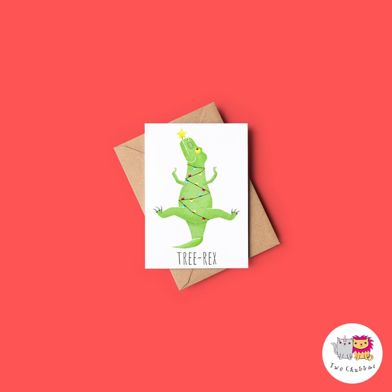 Tree-Rex Christmas Card, A6 Christmas Card, Cute Animal Christmas Card