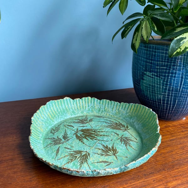 Handcrafted Paper Mache Decorative Bowl: Pressed Acer Leaves, Gold Gilded Rim