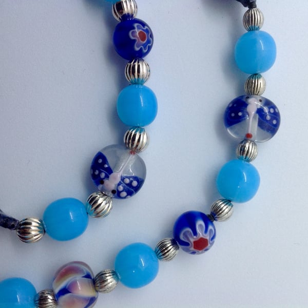blue bead necklace, interesting wearable collection of vintage beads
