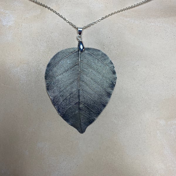 Bodhi skeleton leaf pendant, Real leaf, Pure silver electroform, 804