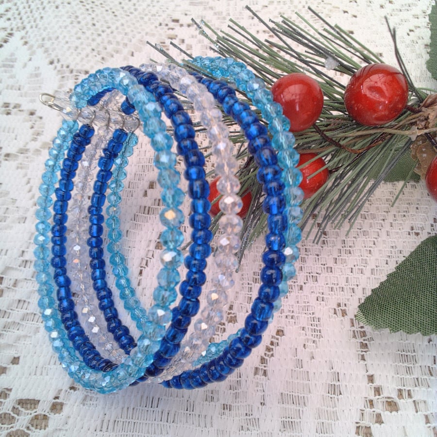 5 Strand Memory Wire and Blue Bead Cuff Bracelets, Stacking Bracelets, Cuff