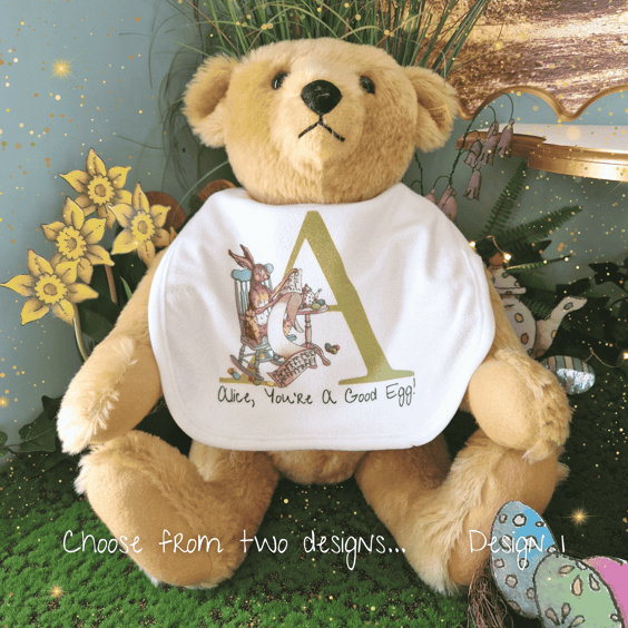 Personalised Easter Baby Bib – Hand Printed Towelling Bib with Hare Illustration