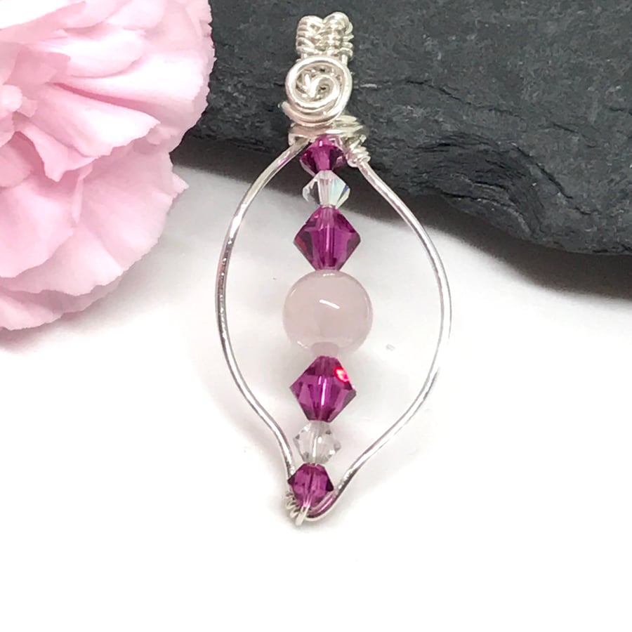 Rose Quartz Pendant, Sterling Silver with Crystal from Swarovski® Gift For Her,