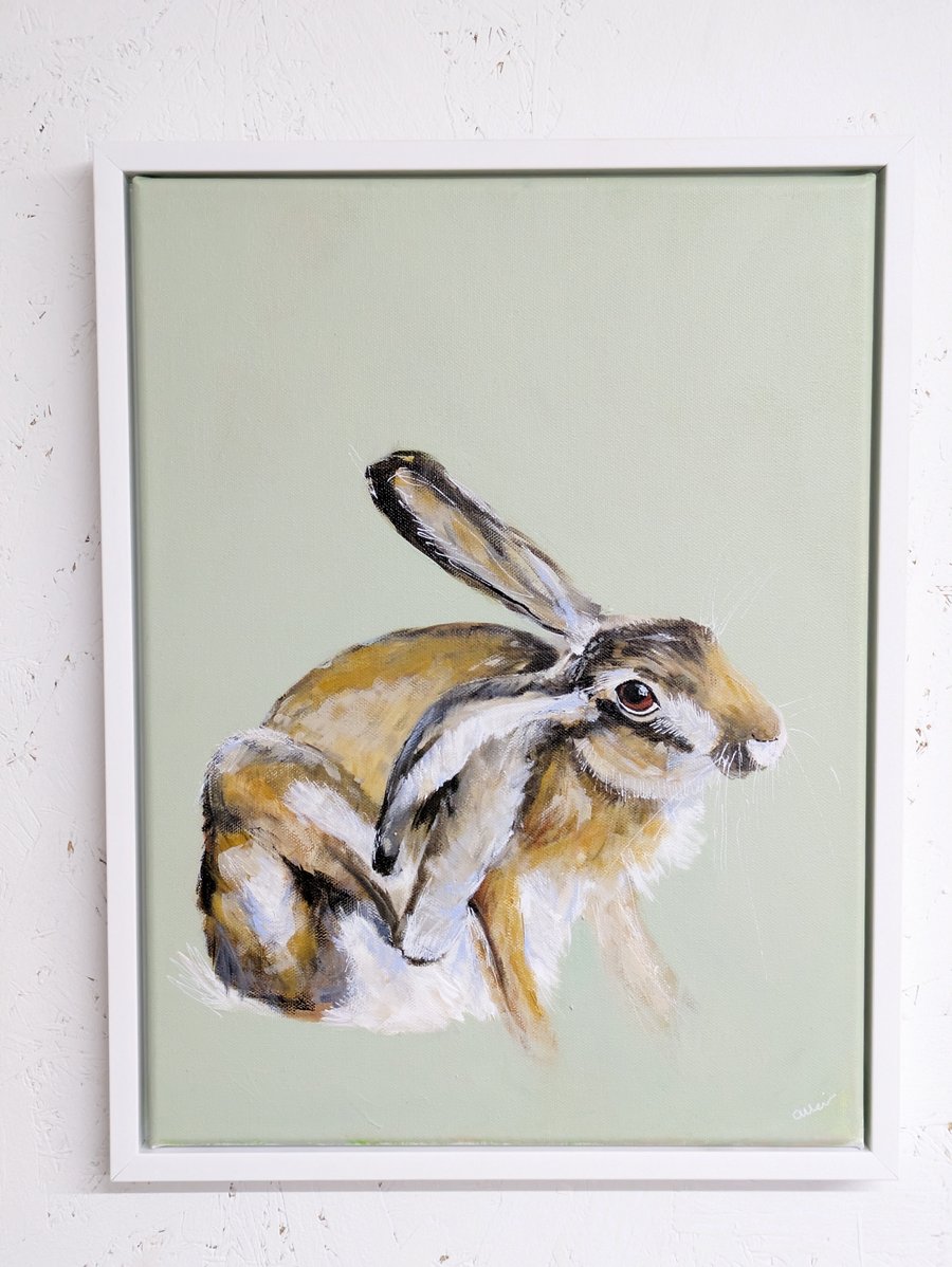 Hare original painting in floating frame