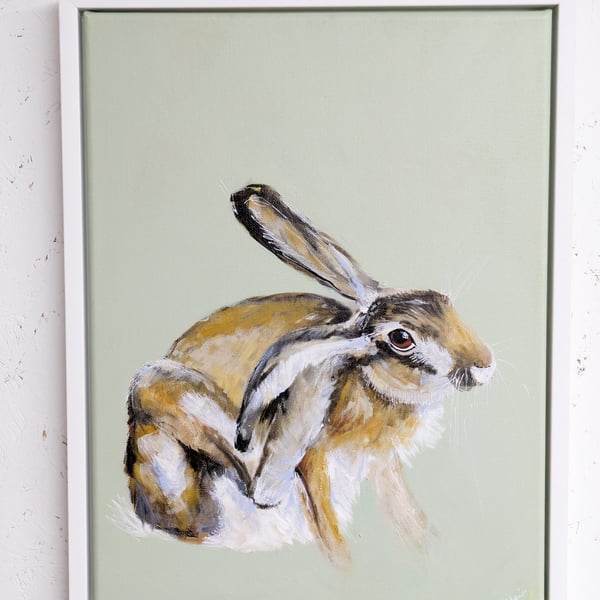 Hare original painting in floating frame