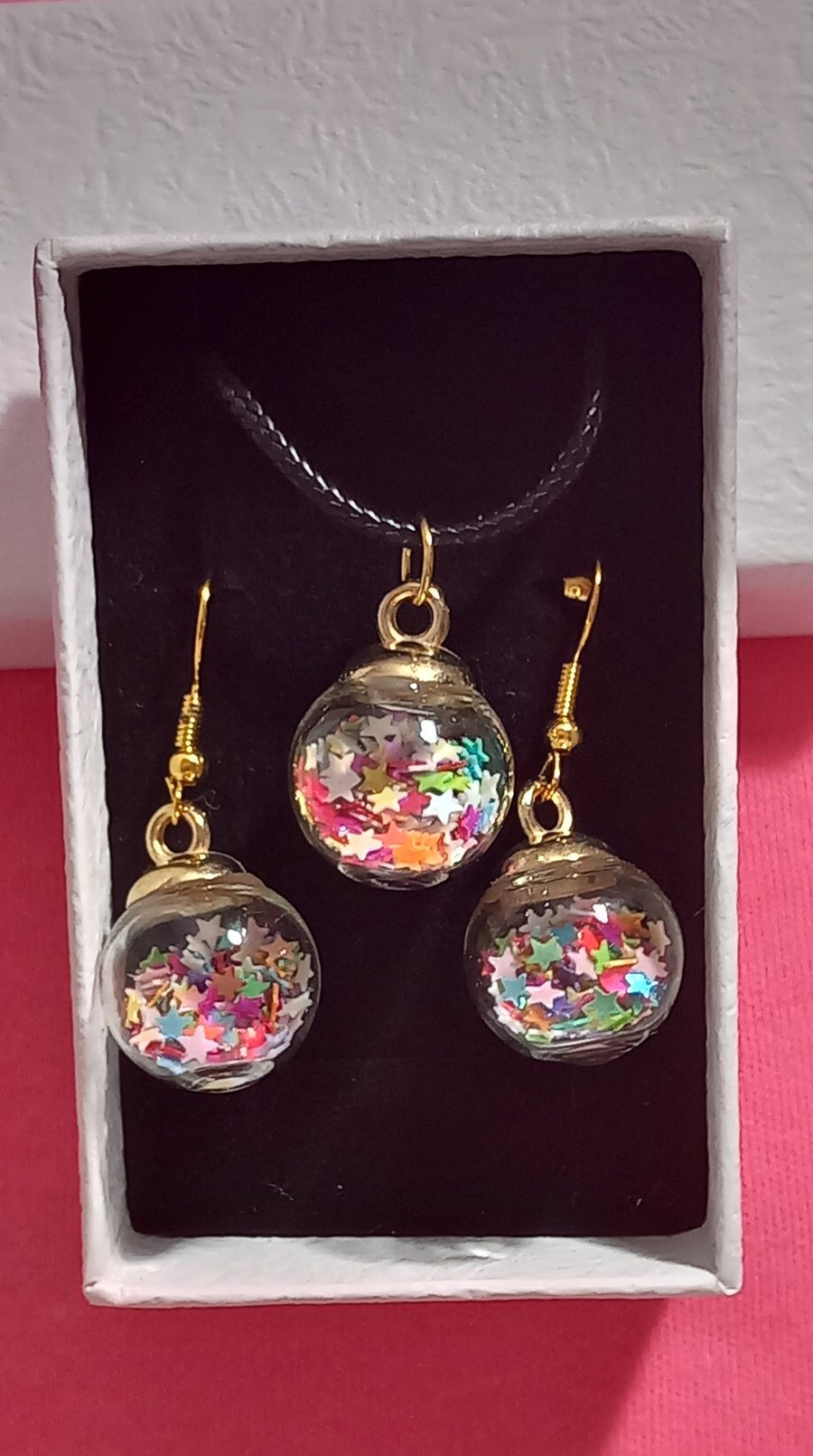 Necklace and Earring glass bauble set, Rainbow coloured Necklace and Earrings