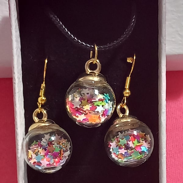 Necklace and Earring glass bauble set, Rainbow coloured Necklace and Earrings