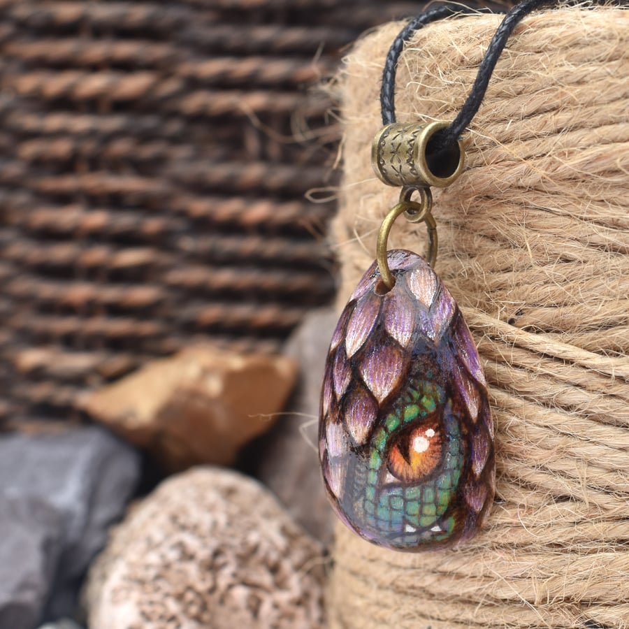 Tiny dragon egg, with peeking dragon, pyrography wooden pendant, wood gift.