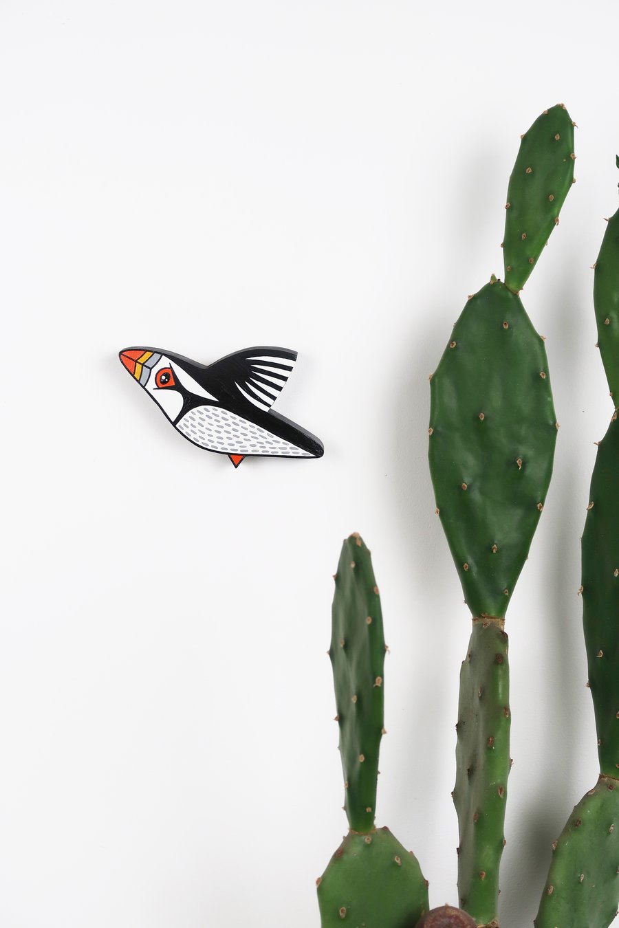 Puffin wall art, miniature flying bird decoration, wooden, hand painted ornament
