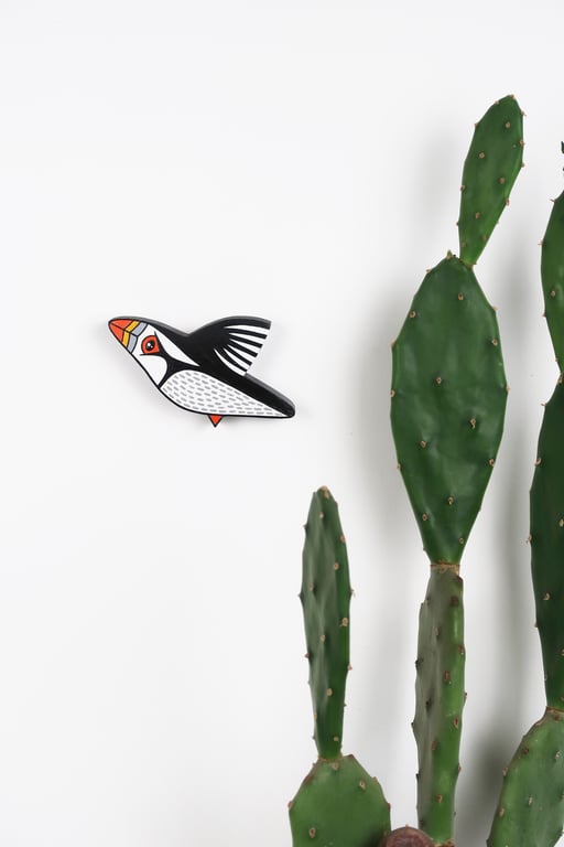 Puffin wall art, miniature flying bird decoration, wooden, hand painted ornament