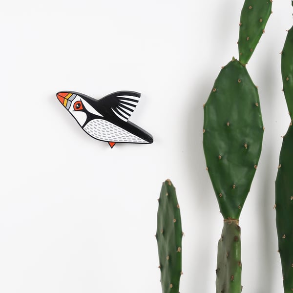Puffin wall art, miniature flying bird decoration, wooden, hand painted ornament