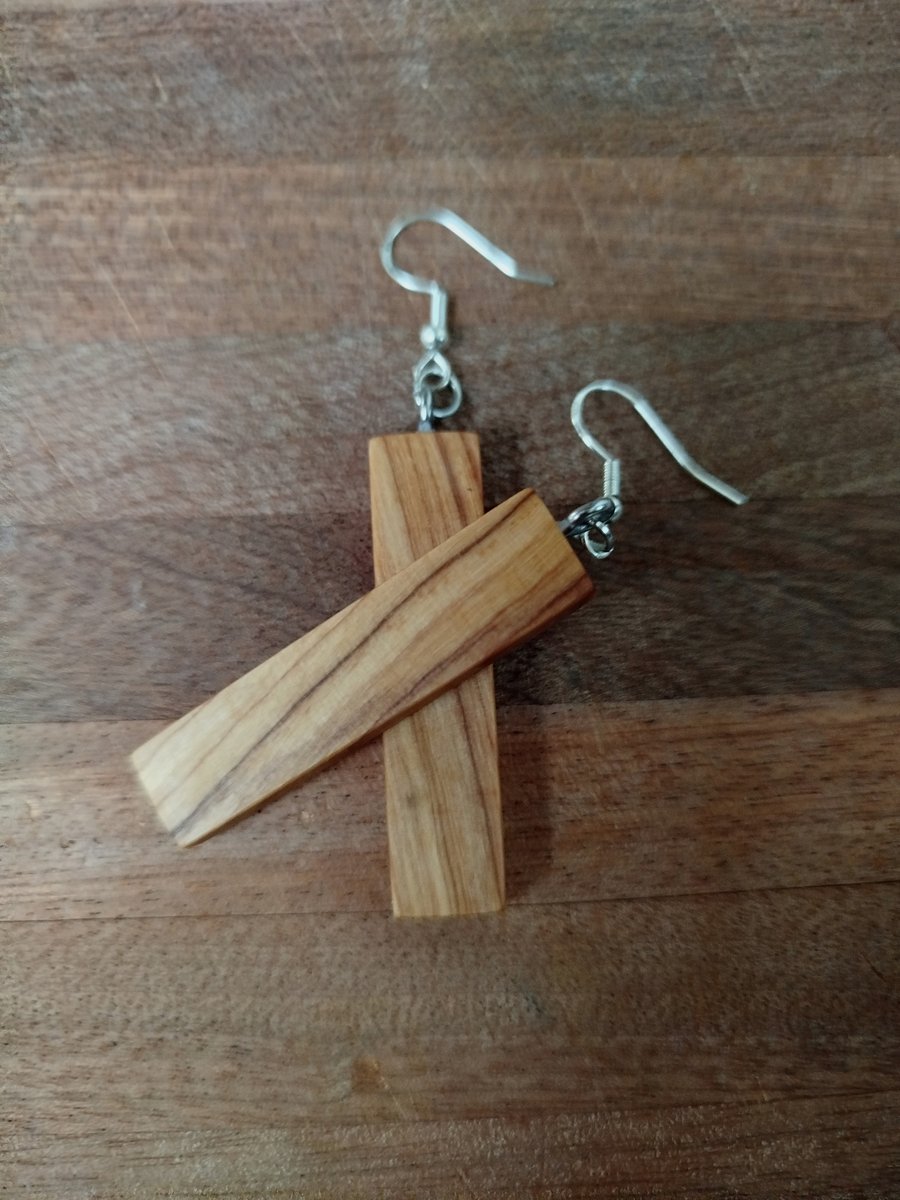 Handmade Wooden Earrings - Long Geometric Rectangles in Olive Wood