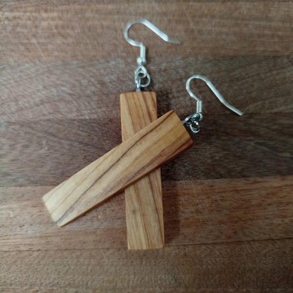 Handmade Wooden Earrings - Long Geometric Rectangles in Olive Wood