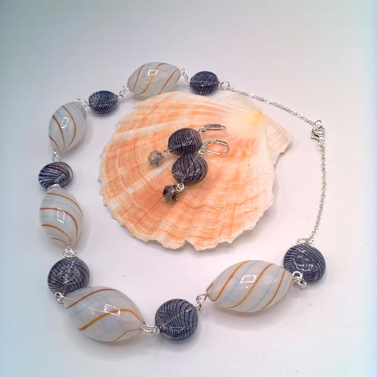 White and Navy Blue Hollow Glass Bead Necklace and Earrings, Gift for Her