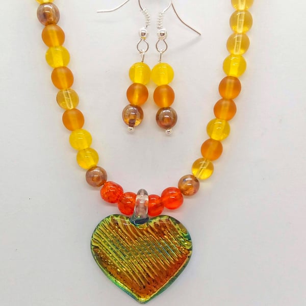 Orange Glass Heart on a Beaded Necklace with Matching Earrings, Gift for Her