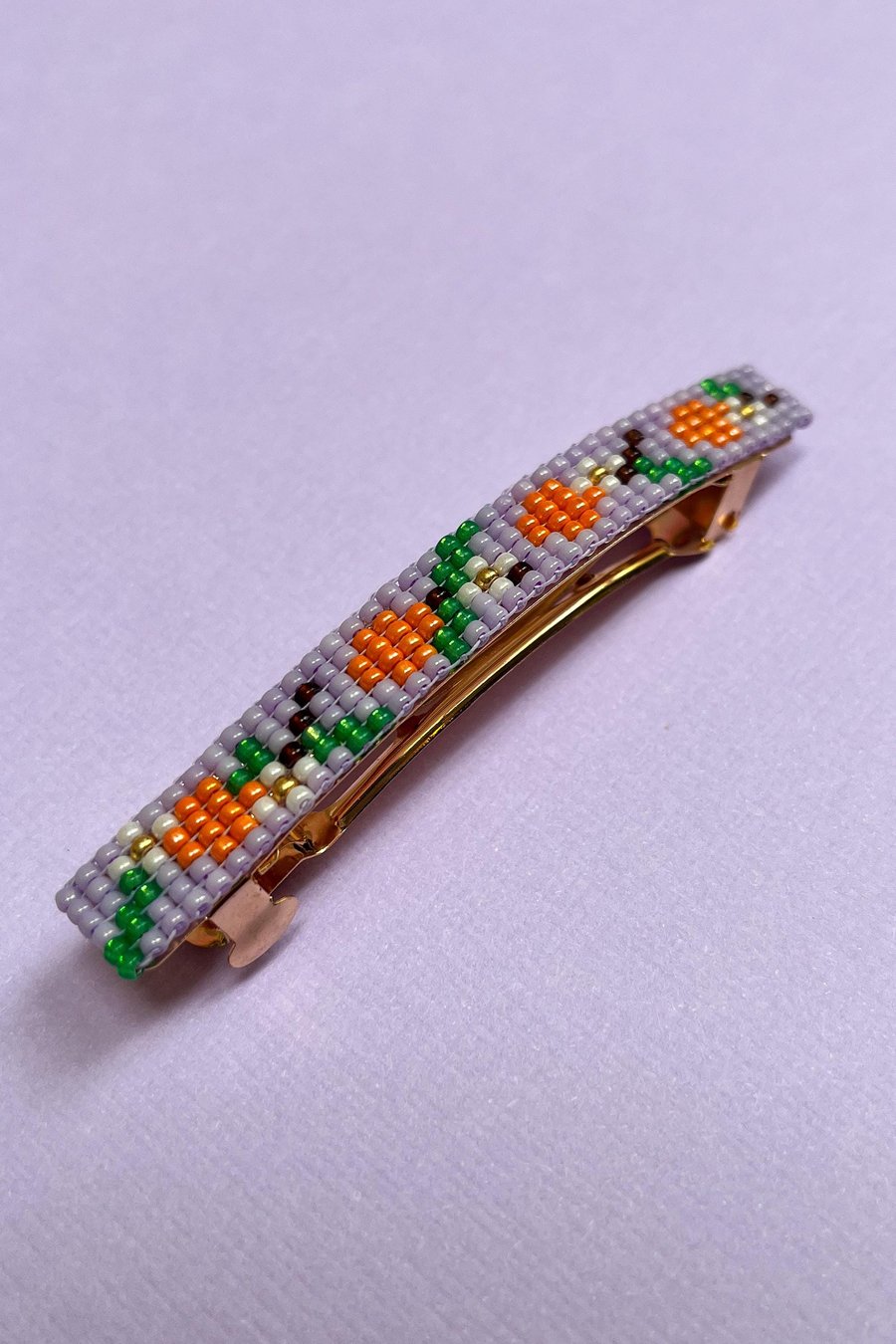 Orange Beaded Gold Barrette Hair Clip – Handmade Loom Woven Citrus & Lavender