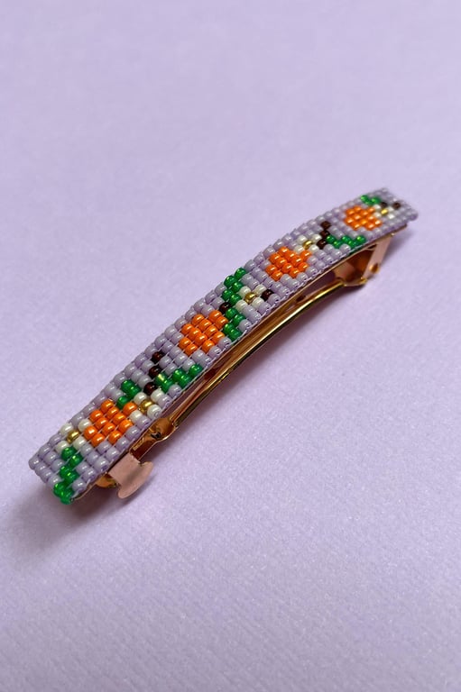 Orange Beaded Gold Barrette Hair Clip – Handmade Loom Woven Citrus & Lavender