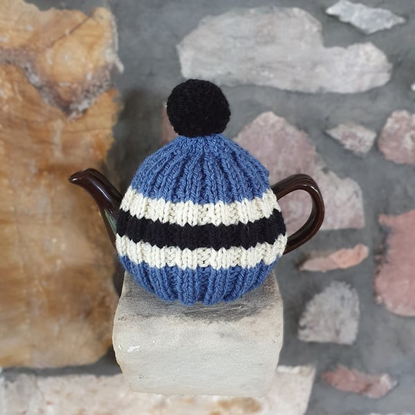 Small Tea Cosy for 2 Cup Tea Pot, Blue, Black, Cream Hand Knitted, Wool Mix