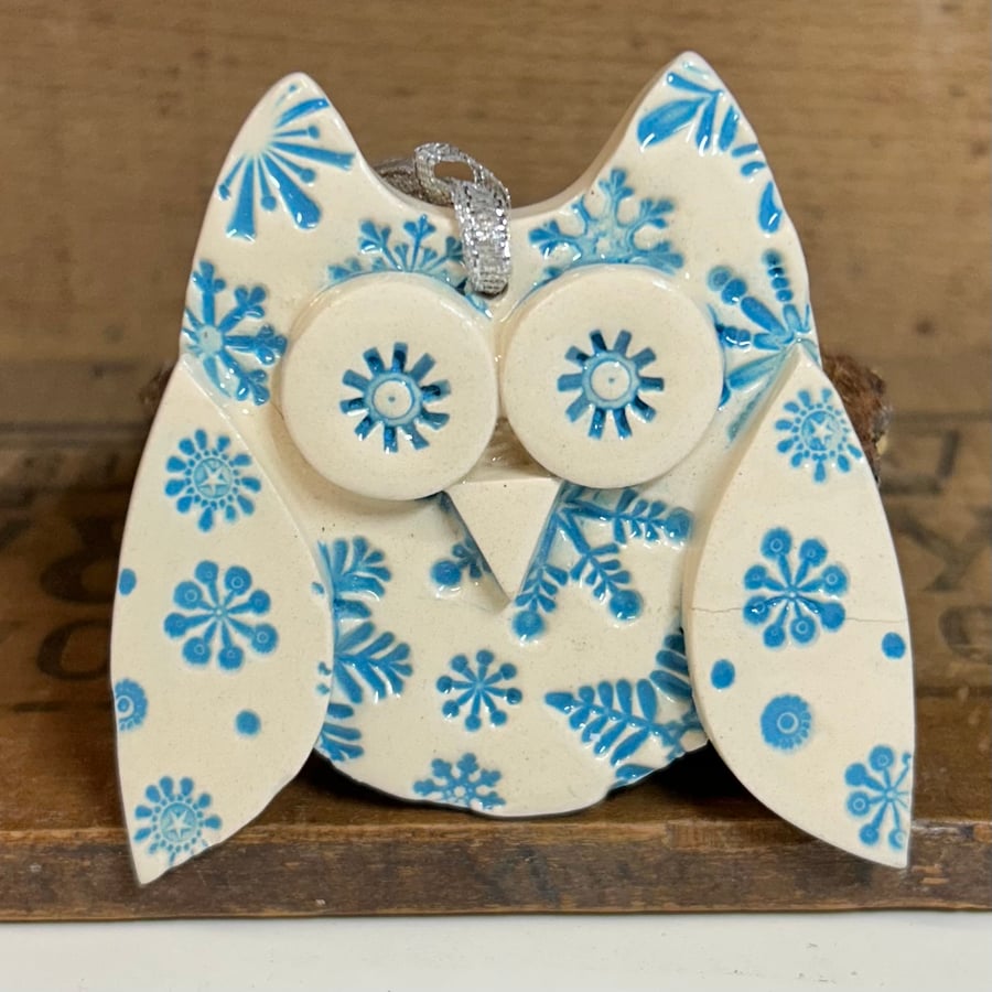 Perfectly Imperfect Ceramic snowy owl hanging decoration Pottery owl 