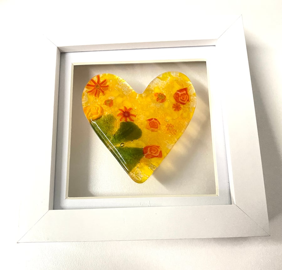 Fused glass heart in orange and green with murrine