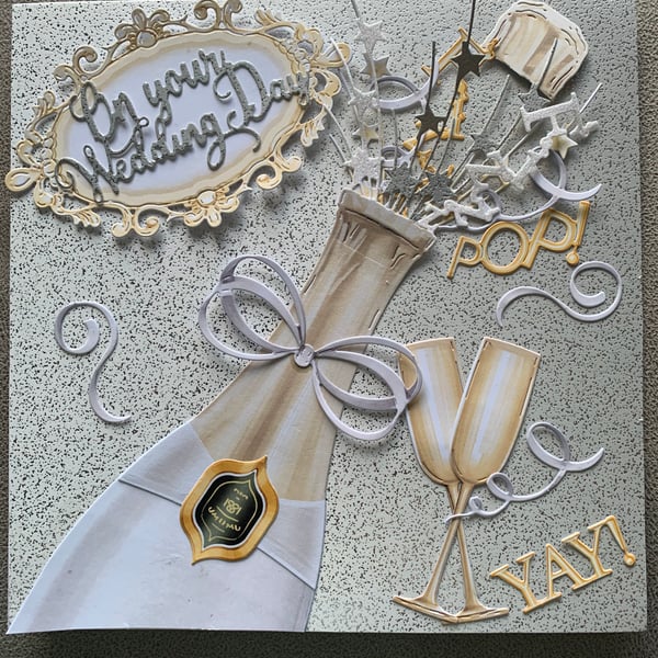 Hand Crafted Champagne Bottle Wedding Card 8”x8”