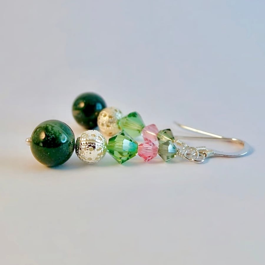 Moss Agate Earrings with Crystals, Birthday, Anniversary, Gifts For Her