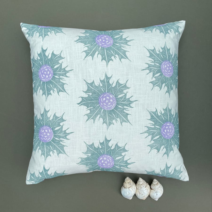 Handprinted Sea Holly Linen Cushion