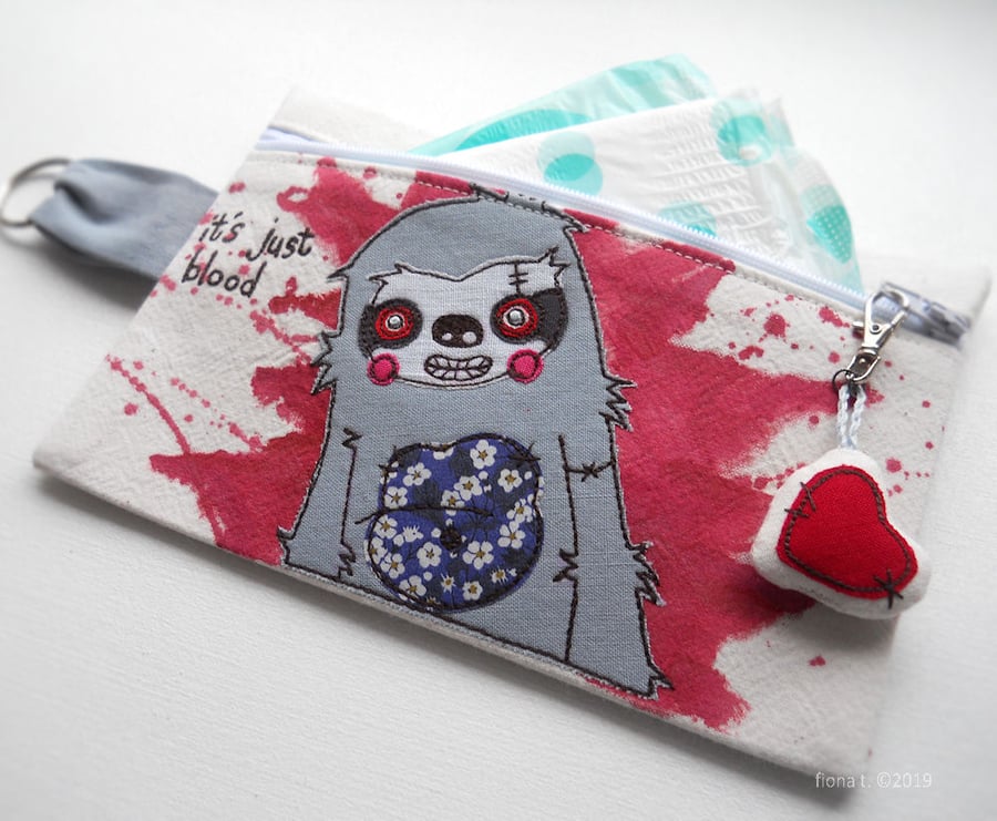 embroidered zombie sloth zip purse case