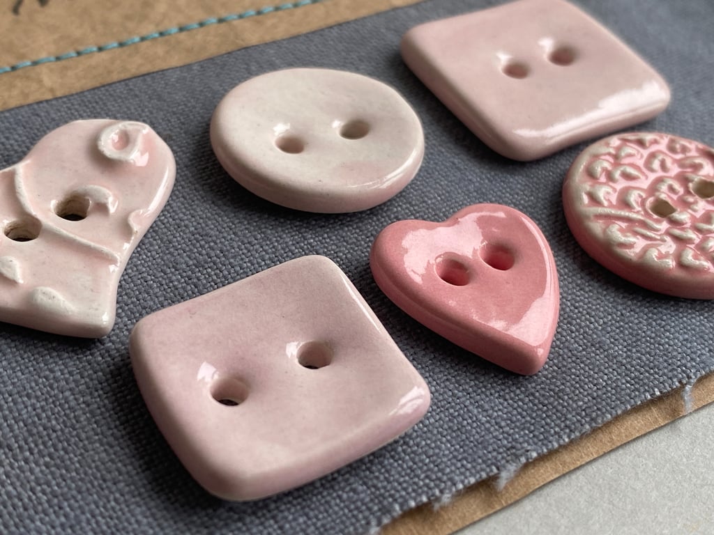 Buttons handmade Mixed set of Six ceramic pastel pink buttons